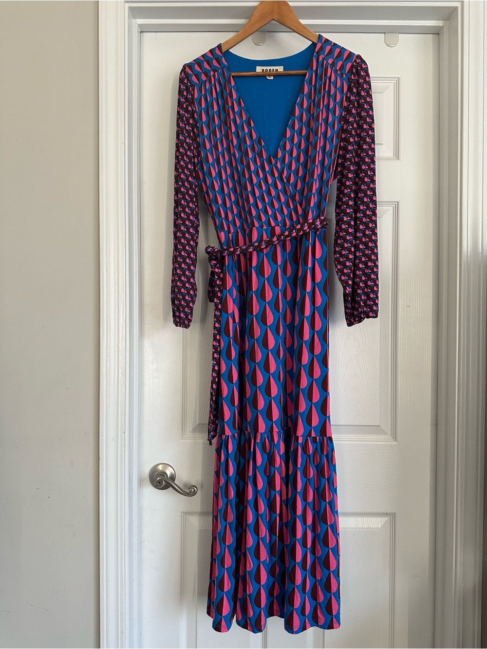 Boden Ophelia Faux Wrap Maxi Dress Multicolor Jersey Raindrop Tie Waist Sz 12R - Picture 3 of 12